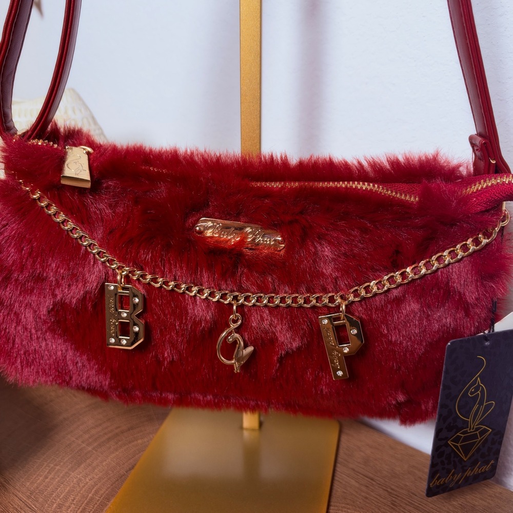 Baby Phat Red Faux Fur Shoulder Bag Gold Chain Charms Y2K Style NWT